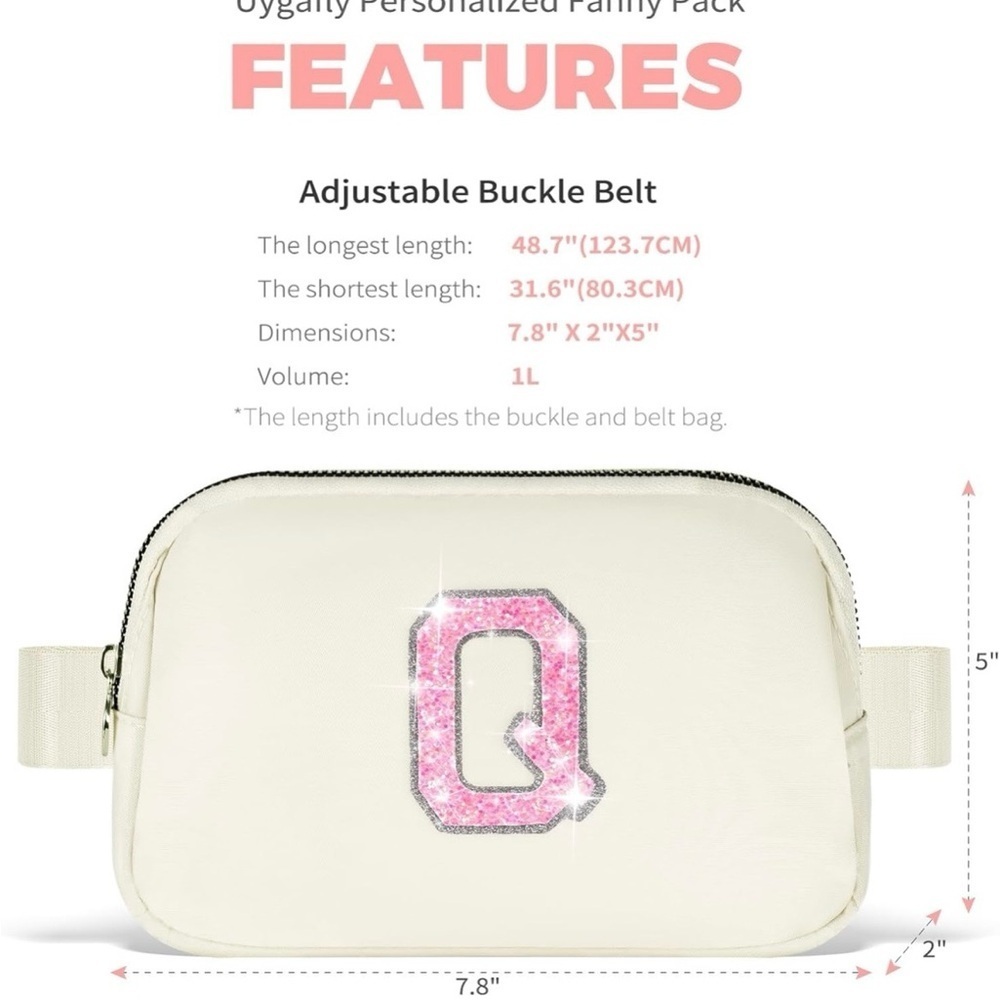 Uygafly Cream Belt Bag - Waterproof Nylon, Adjustable Strap, Letter Q initial - Picture 6 of 8